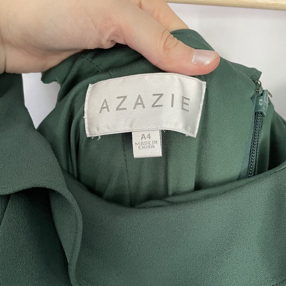 Azazie women's size A4 green maxi dress frilled sleeves bridesmaid slit formal - Picture 4 of 7